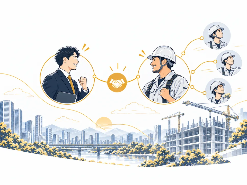建設会社と職人の協力チームがつながるイラスト